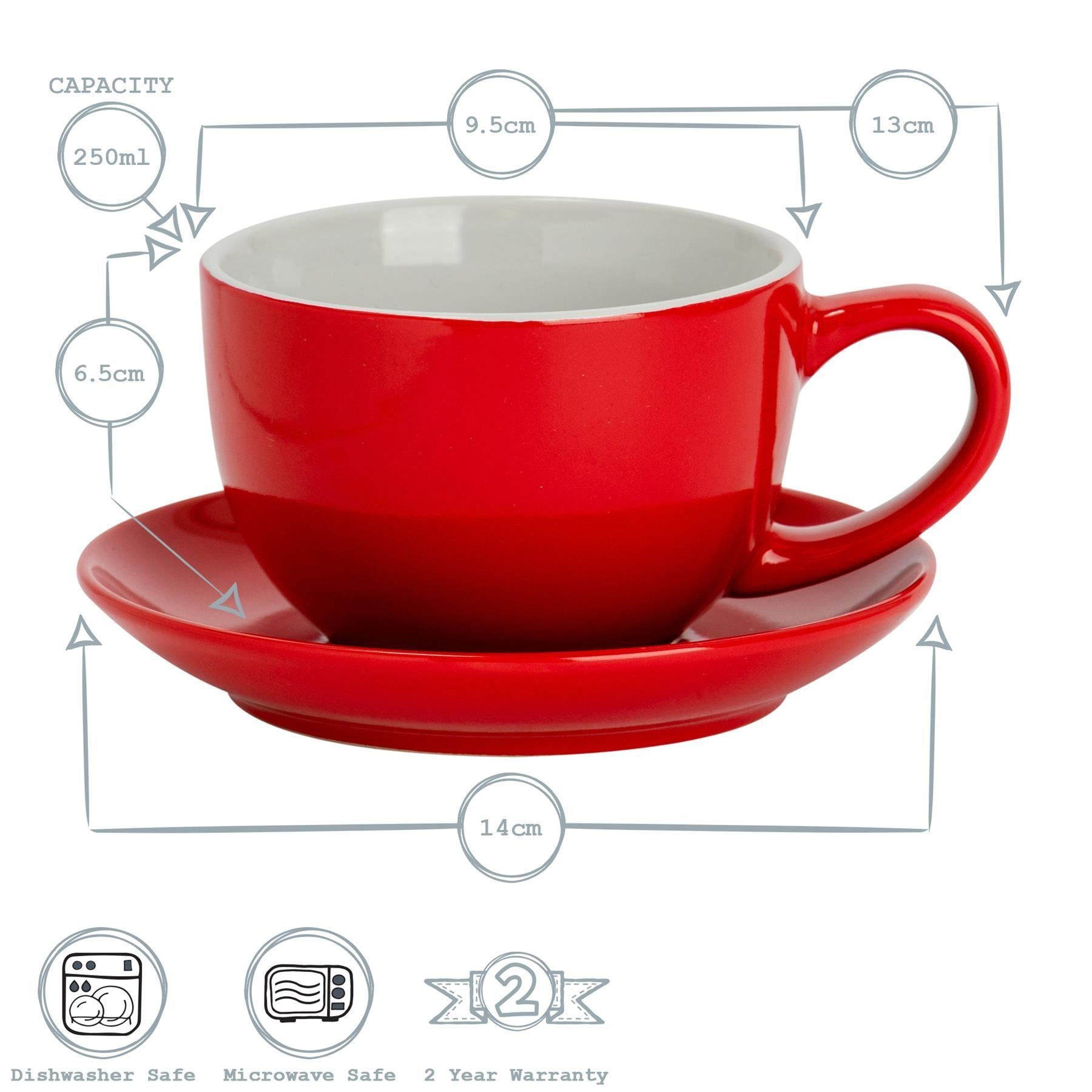 250ml Coloured Cappuccino Cups & Saucers - Pack of Six