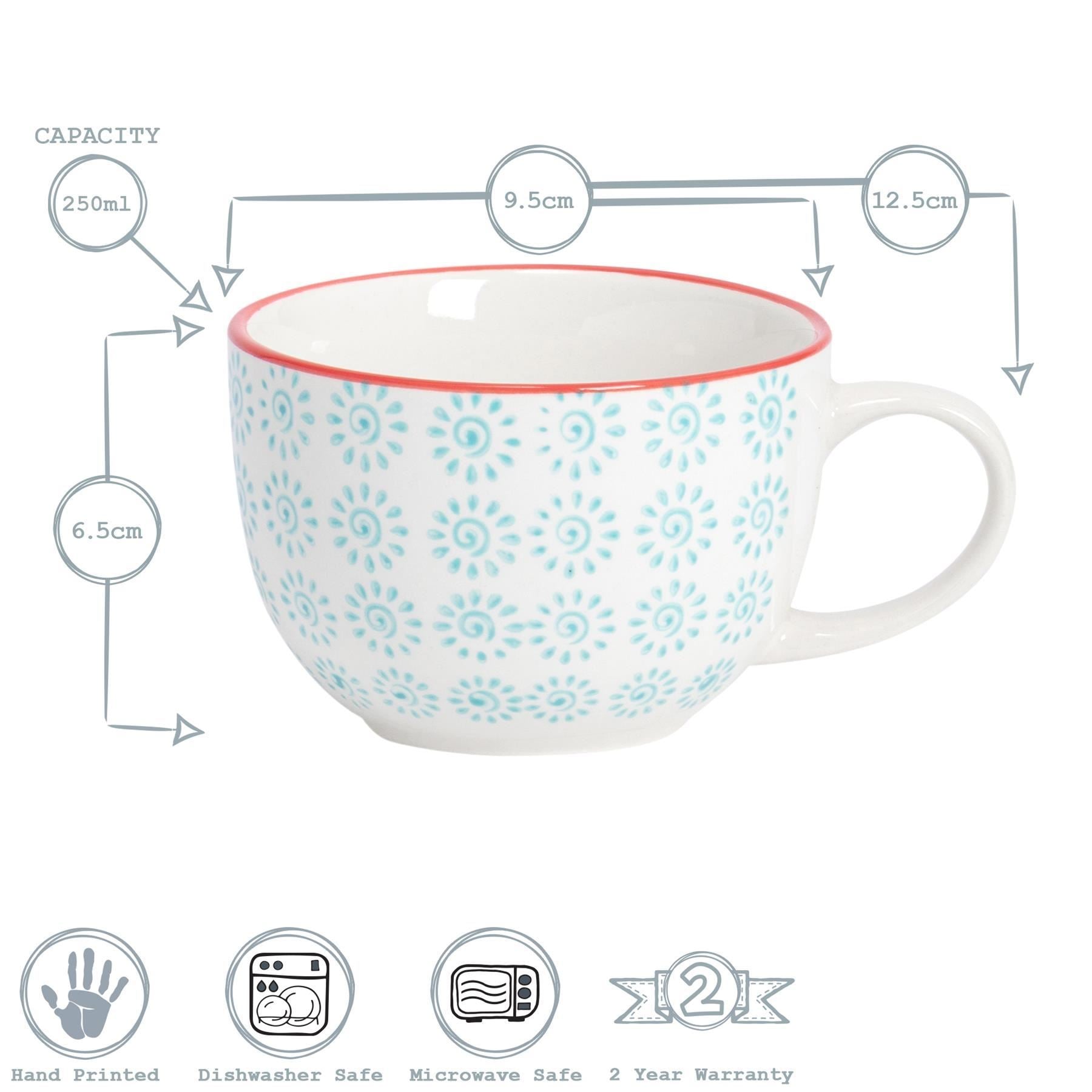 250ml Hand Printed Cappuccino & Tea Cups - Pack of Six