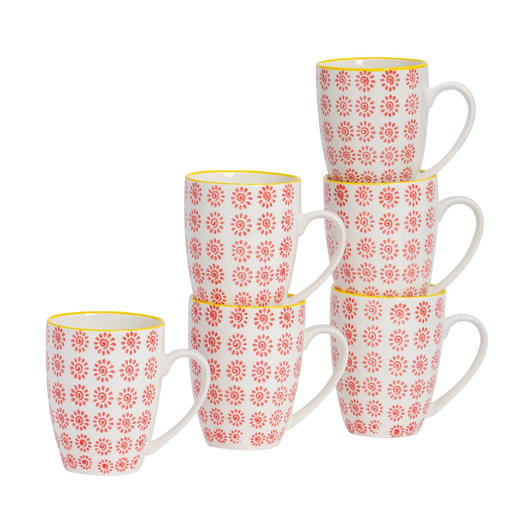 360ml Hand Printed China Coffee Mugs - Pack of Six