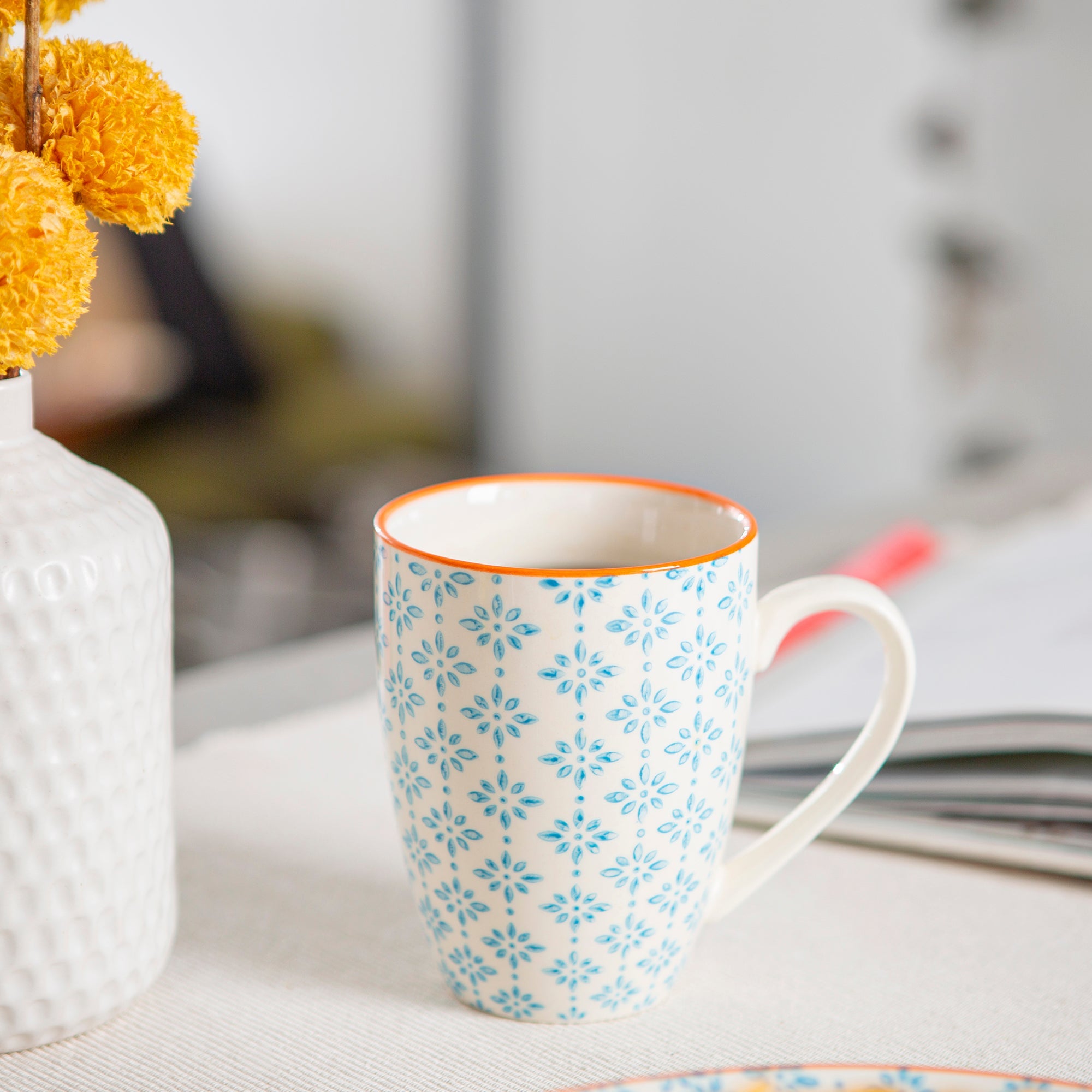 360ml Hand Printed China Coffee Mugs - Pack of Six