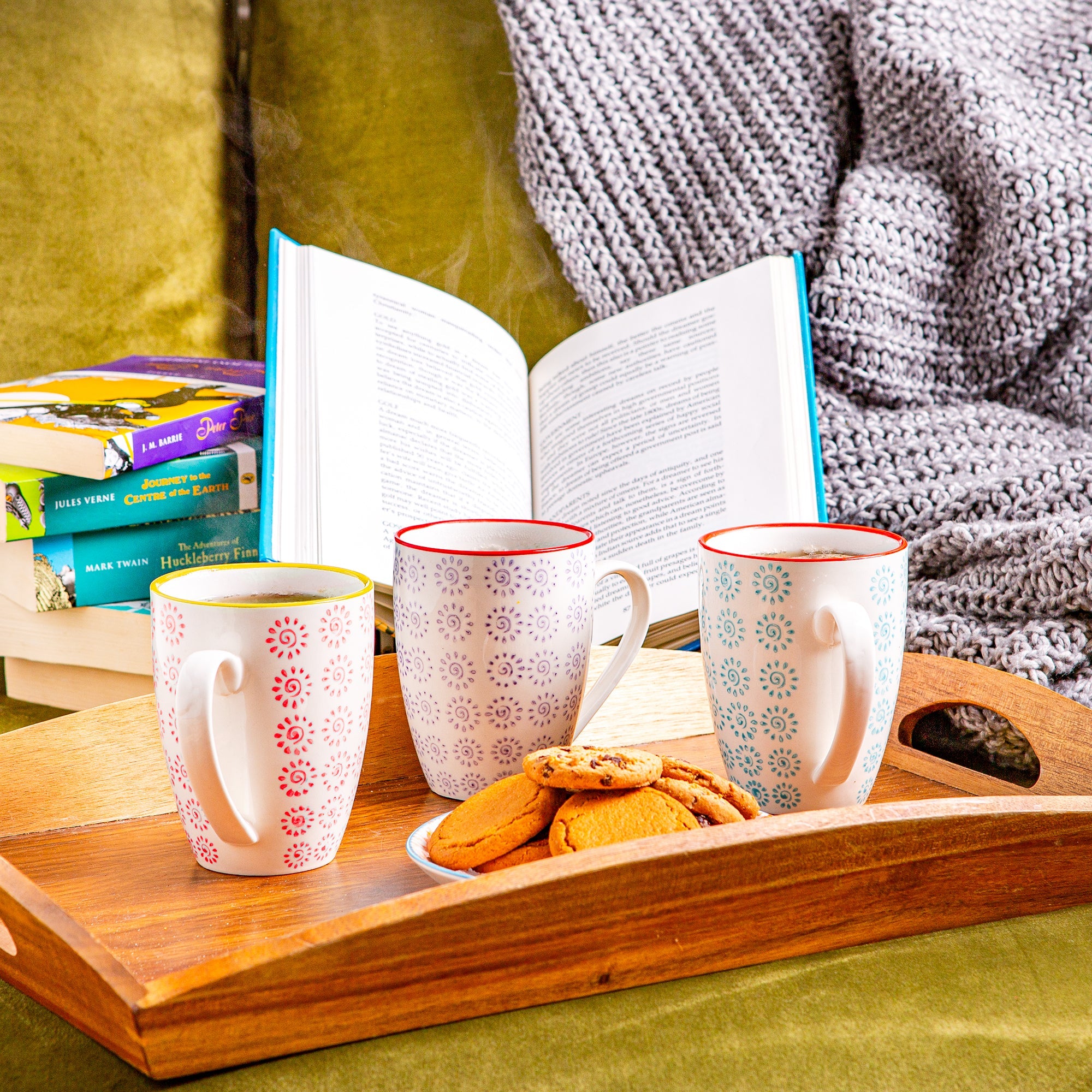 360ml Hand Printed China Coffee Mugs - Pack of Six