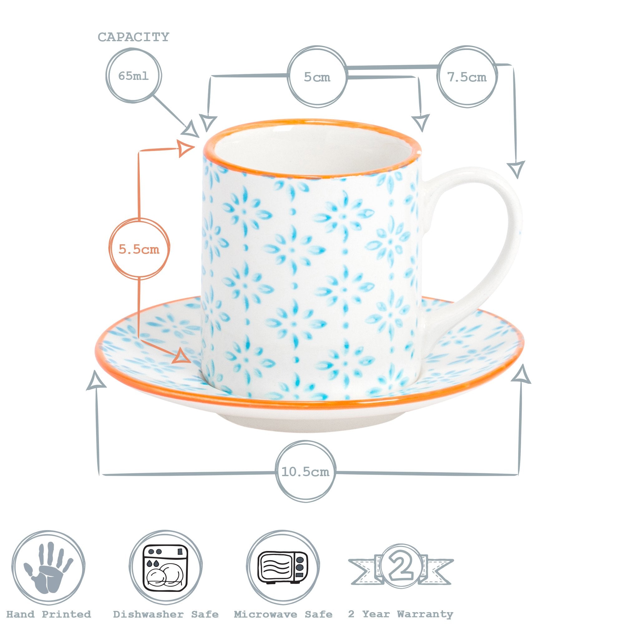 65ml Hand Printed Espresso Cups & Saucers - Pack of Six