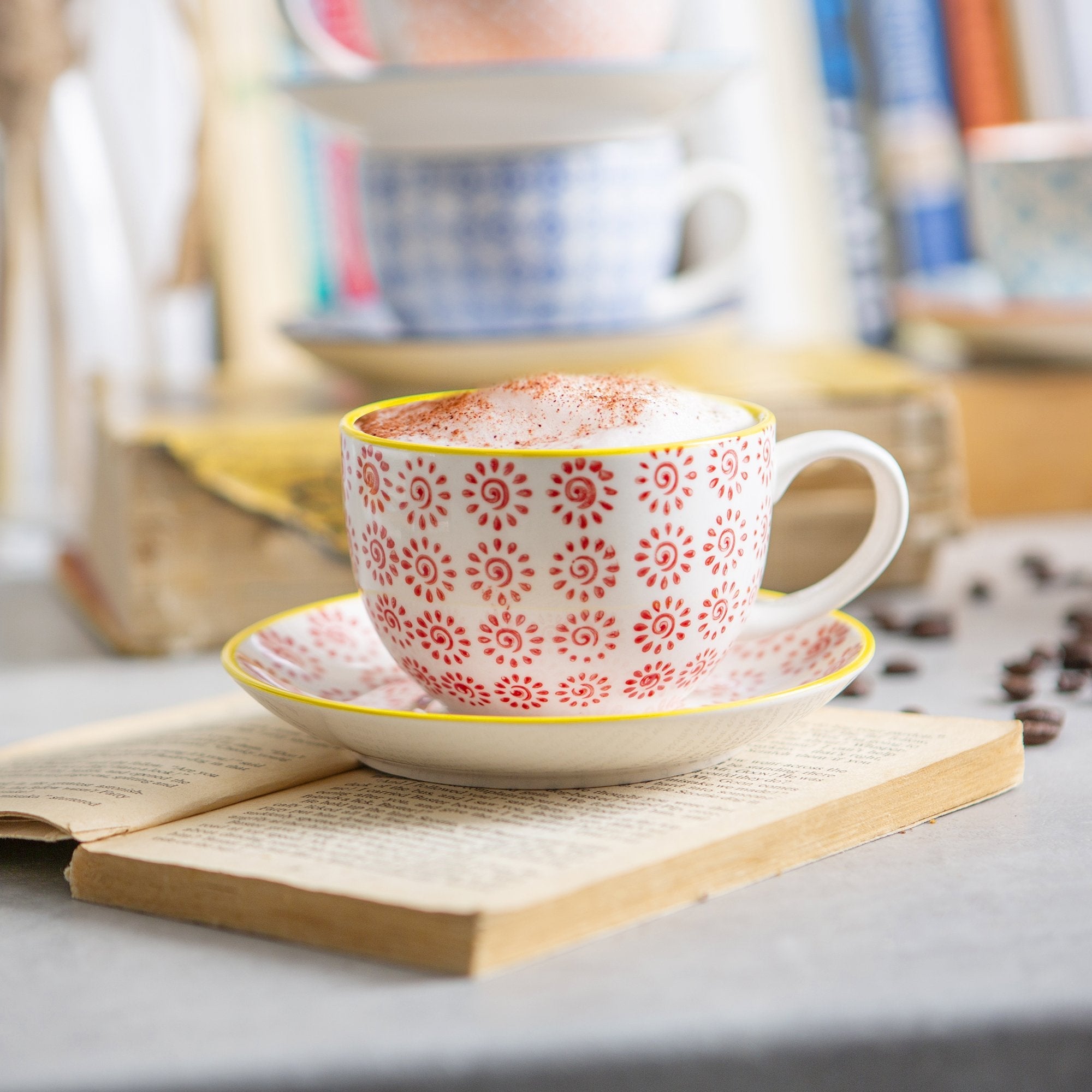 250ml Hand Printed Cappuccino Cups & Saucers - Pack of Six