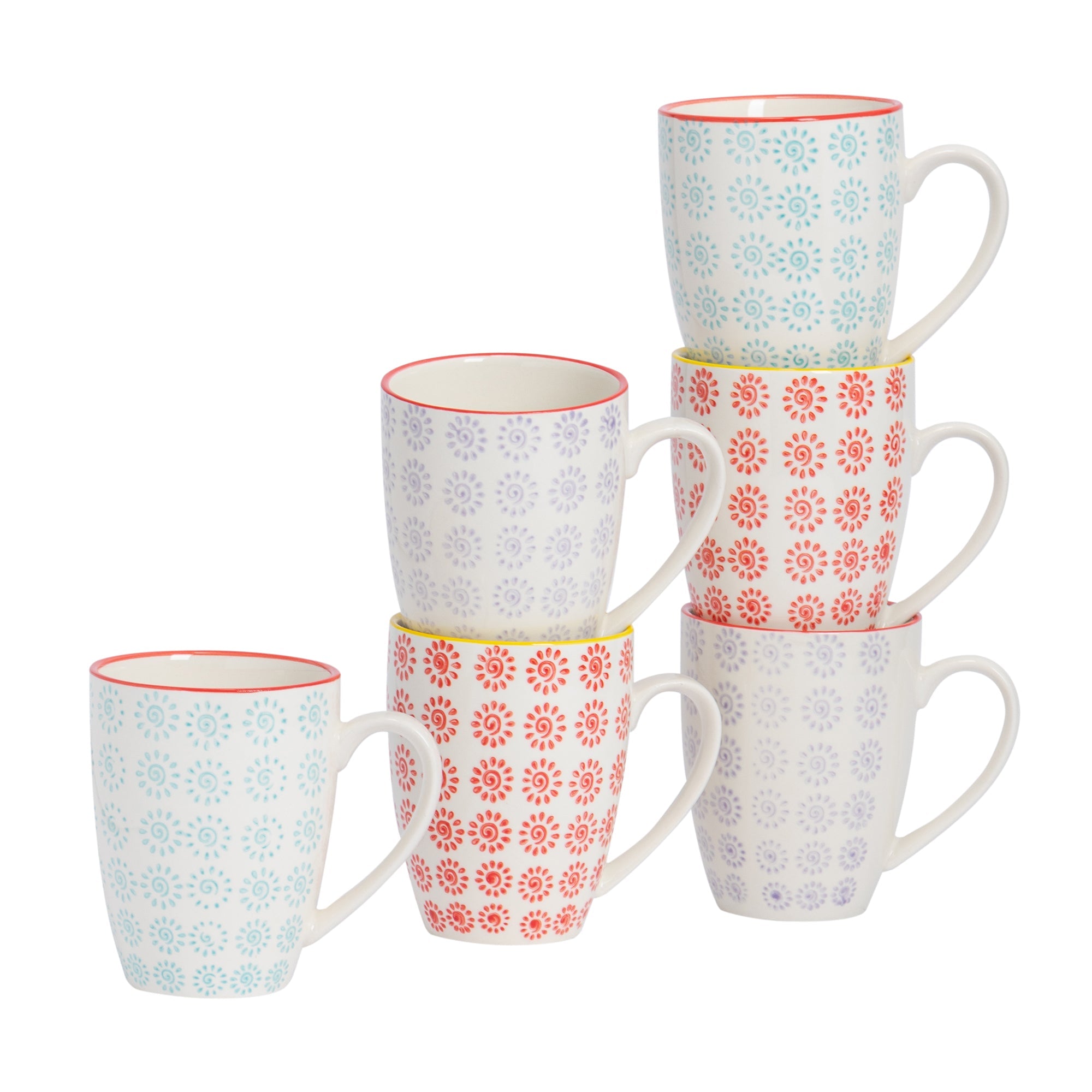 360ml Hand Printed China Coffee Mugs - Pack of Six