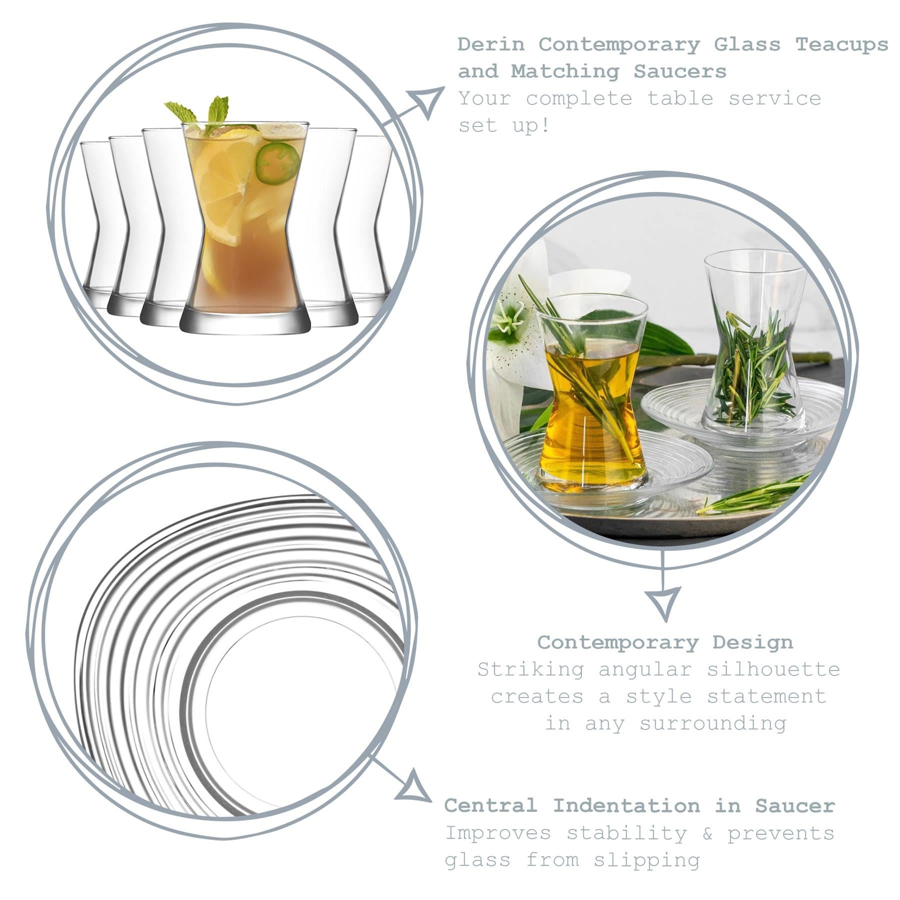 140ml Derin Turkish Glass Tea Cups & Saucers - Six Sets