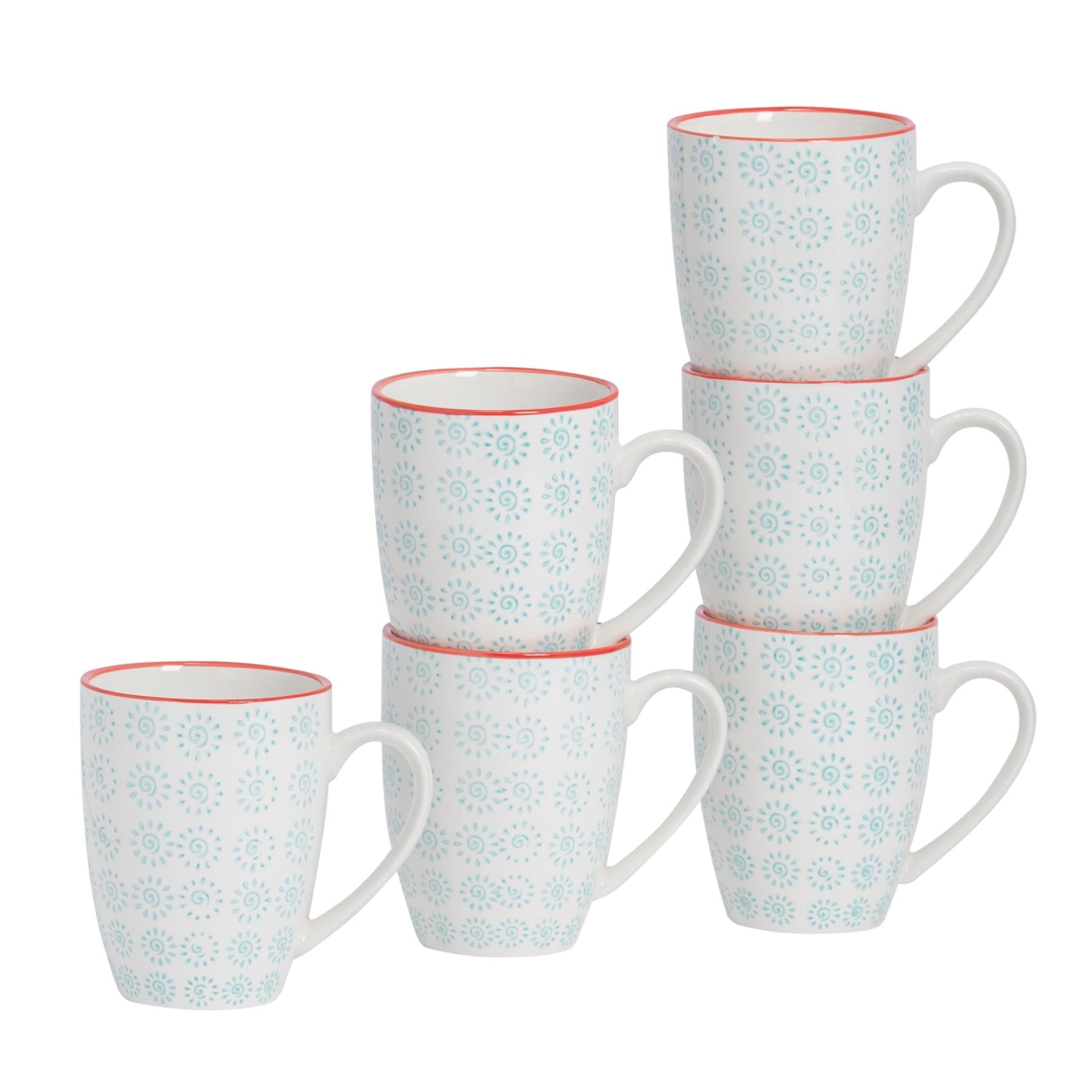 360ml Hand Printed China Coffee Mugs - Pack of Six