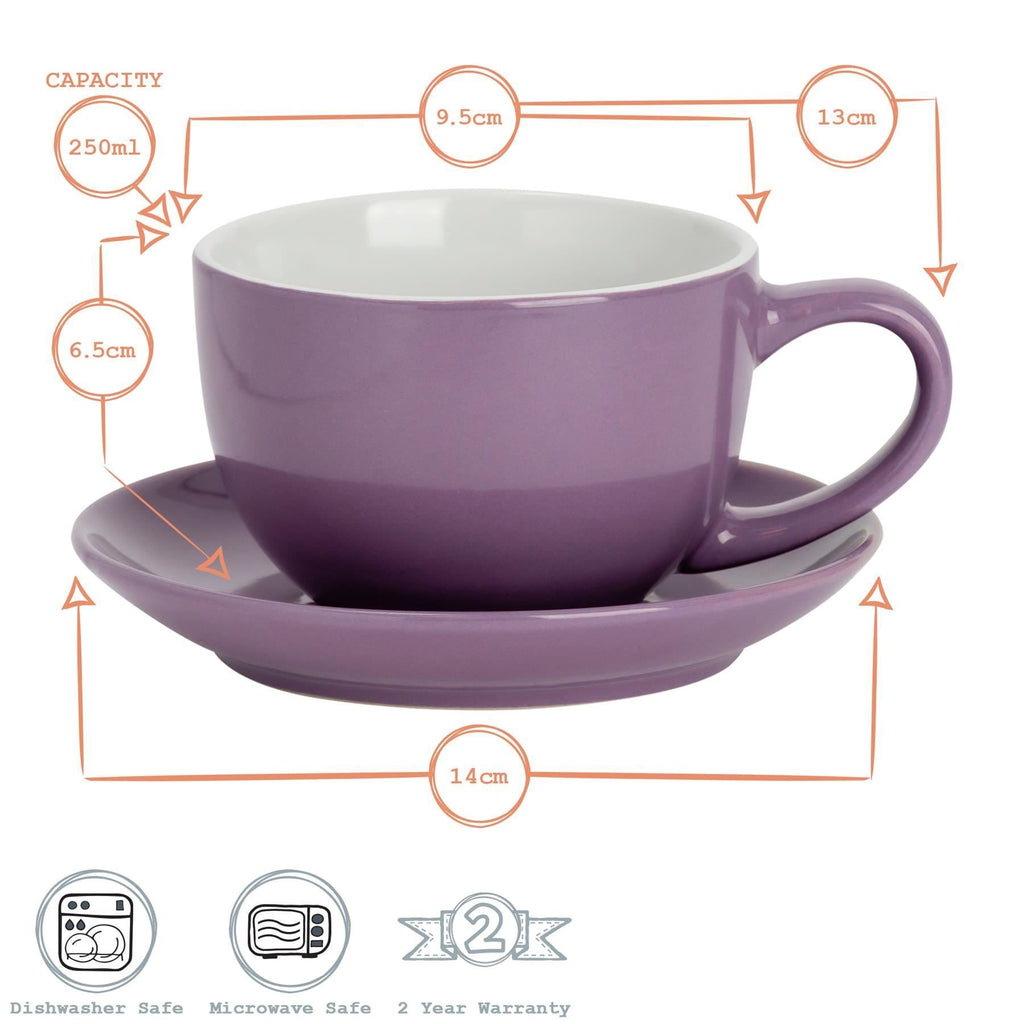 250ml Coloured Cappuccino Cups & Saucers - Pack of Six