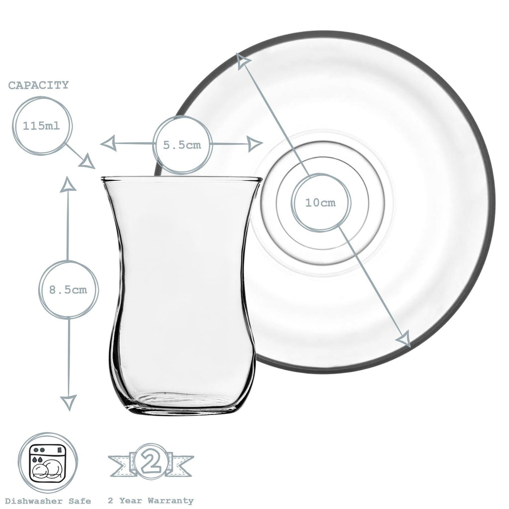 115ml Klasik Turkish Glass Tea Cups & Saucers - Pack of Six