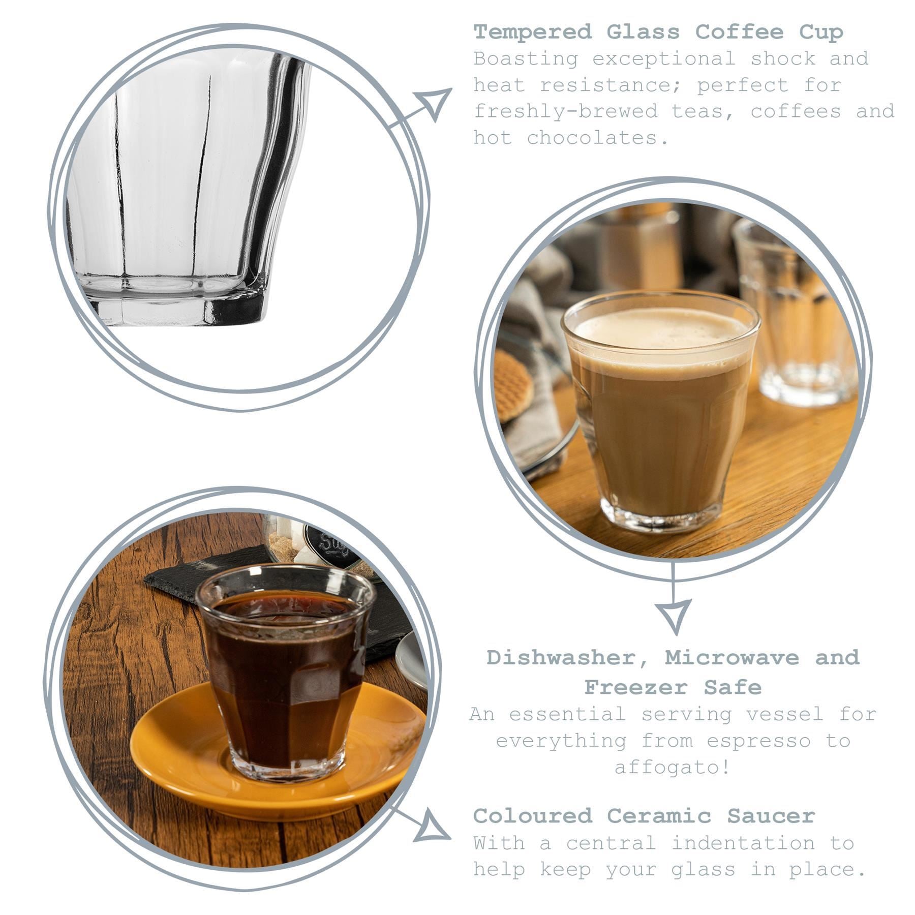 200ml Picardie Glass Coffee Cups & Saucers - Pack of Six