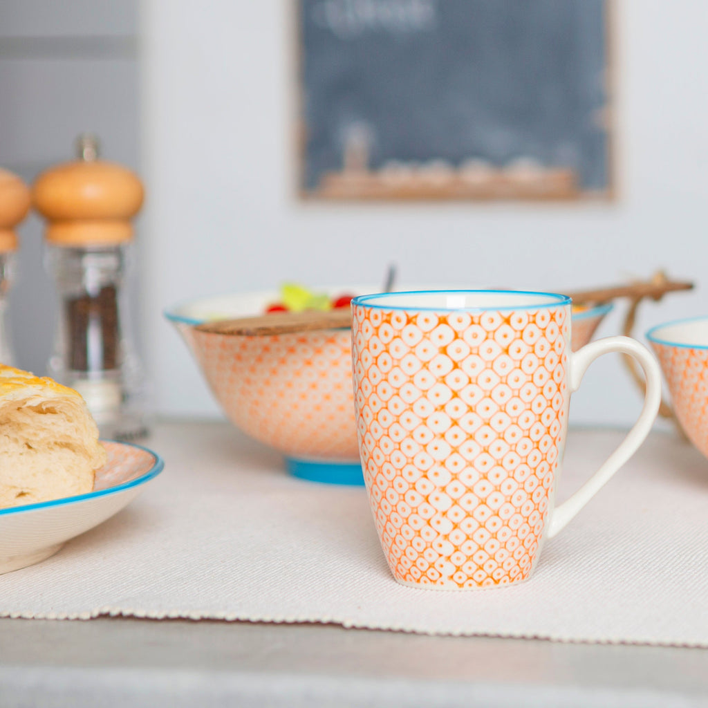 360ml Hand Printed China Coffee Mugs - Pack of Six