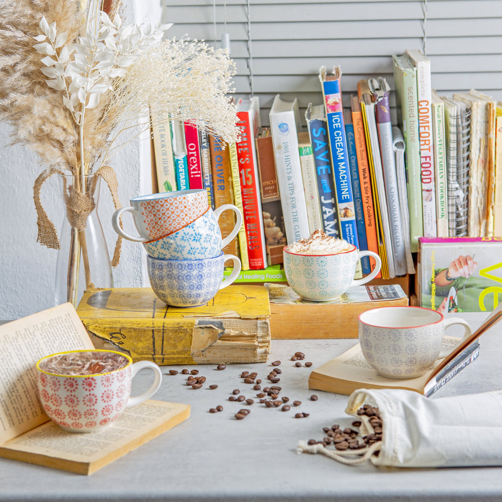 250ml Hand Printed Cappuccino Cups & Saucers - Pack of Six