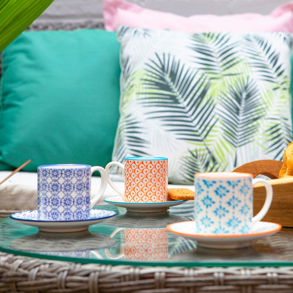 65ml Hand Printed Espresso Cups & Saucers - Pack of Six