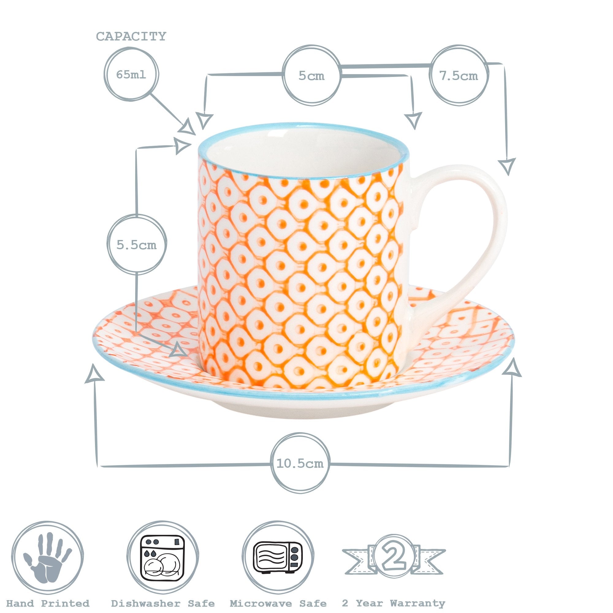 65ml Hand Printed Espresso Cups & Saucers - Pack of Six