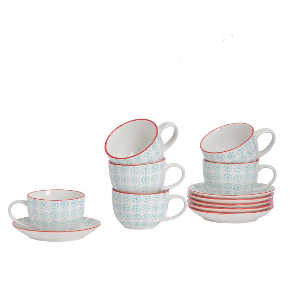 250ml Hand Printed Cappuccino Cups & Saucers - Pack of Six