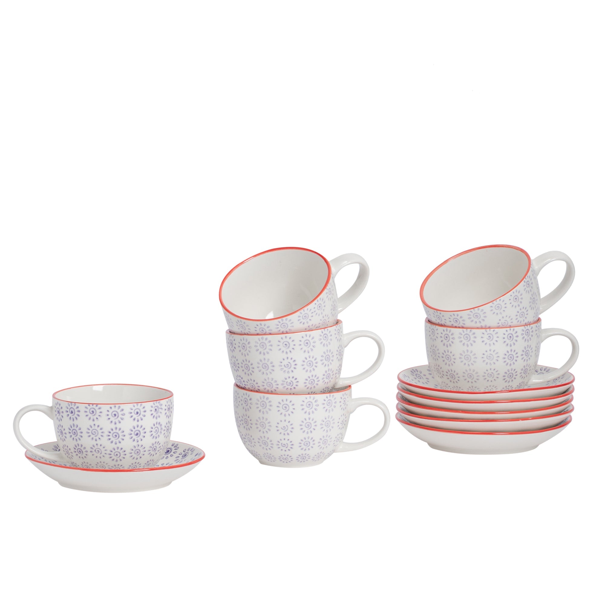 250ml Hand Printed Cappuccino Cups & Saucers - Pack of Six