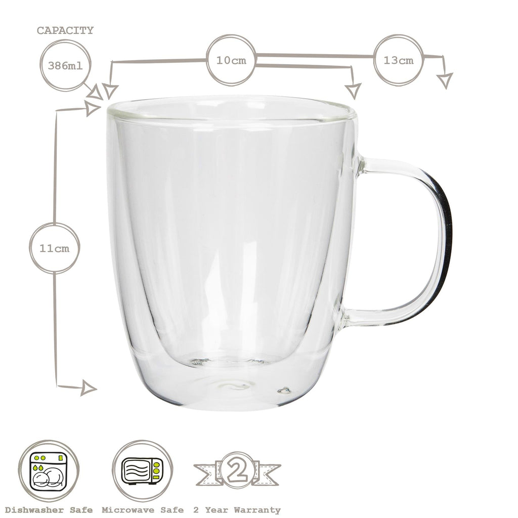 386ml Double Walled Glass Coffee Mugs - Pack of Two