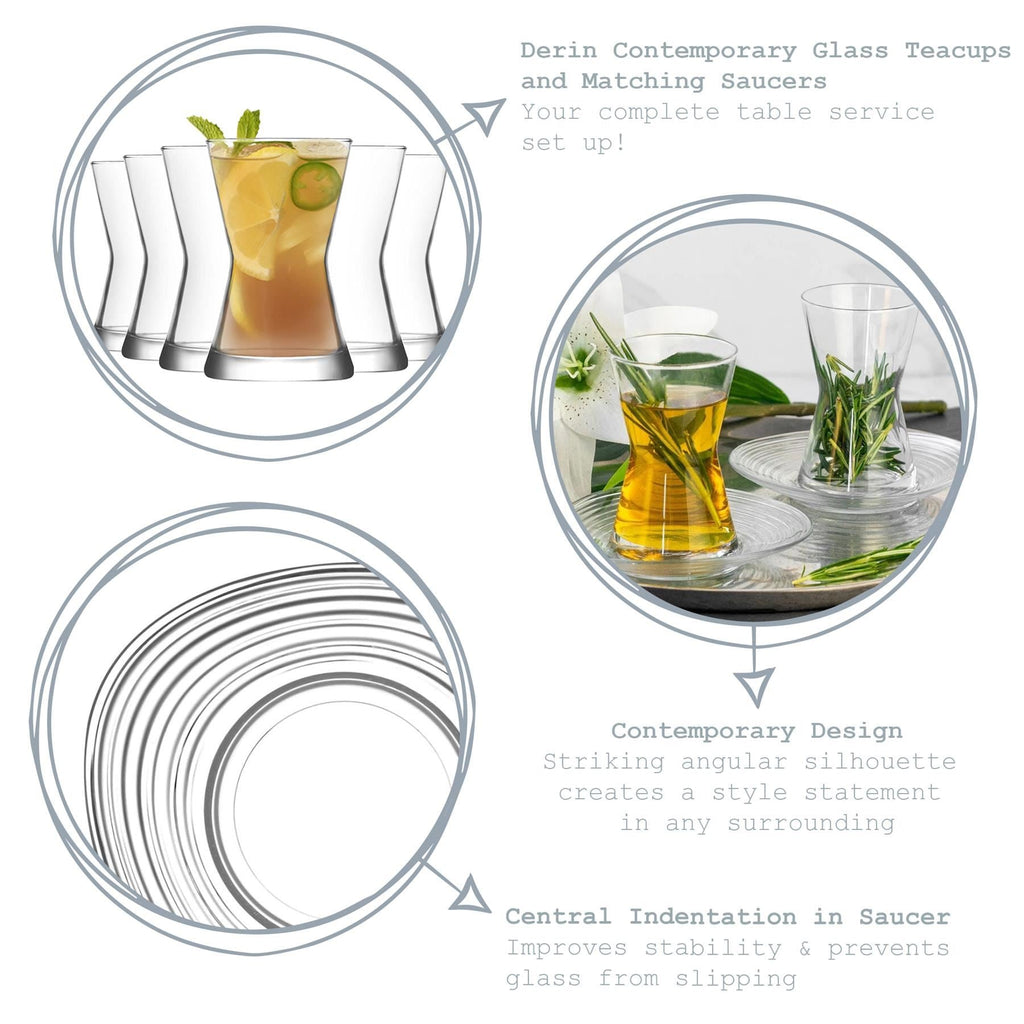 140ml Derin Turkish Glass Tea Cups & Saucers - Six Sets