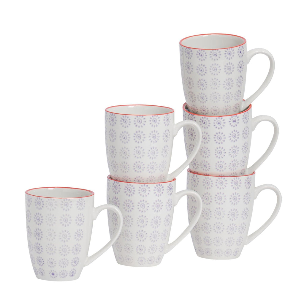 360ml Hand Printed China Coffee Mugs - Pack of Six