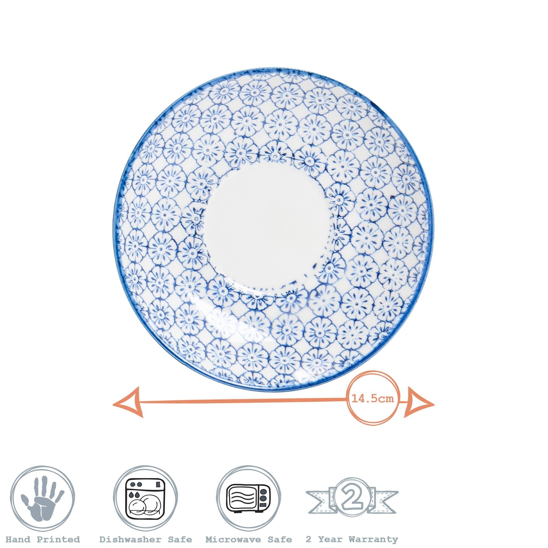 14.5cm Hand Printed China Cappuccino Saucers - Pack of Six