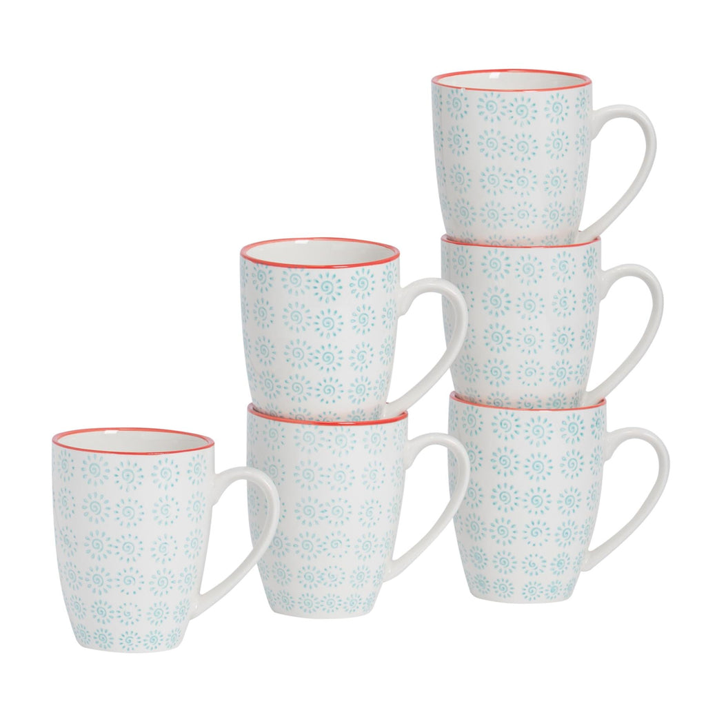 360ml Hand Printed China Coffee Mugs - Pack of Six