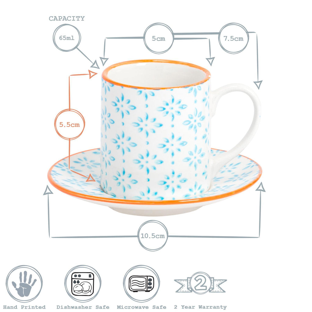 65ml Hand Printed China Espresso Cup & Saucer Set